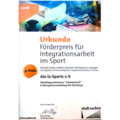 Urkunde Förderpreis für Integrationsarbeit im Sport 2016