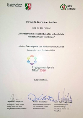 Urkunde Engagementpreis NRW 2016